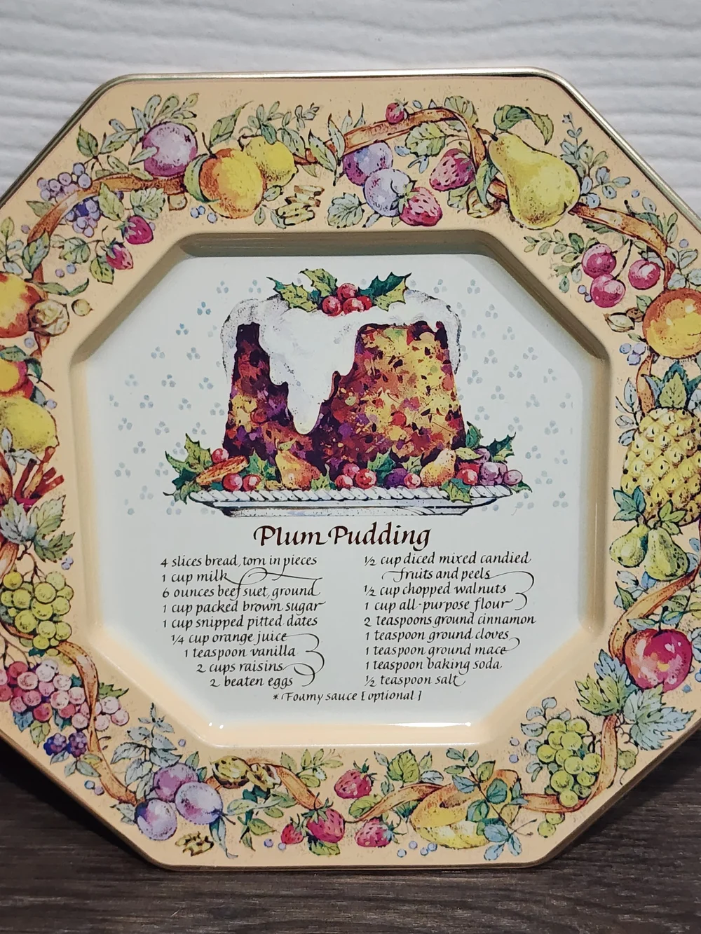 3 Pc 1982 Avon Christmas Tin Recipe Plates-Plum Pudding, Nut Bread, Buche Noel